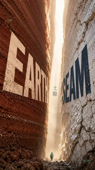 An editorial poster with massive contrasting natural textures, angled perspective typography converging into a glowing central fissure, and a tiny figure at the bottom.