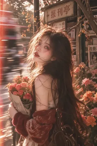 A young woman with a flower bouquet, side profile, standing near a vintage newsstand with blooming flowers. The image has a retro film aesthetic, with warm tones, noticeable grain, and motion blur.