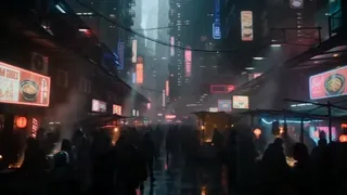 A masked courier in a dimly lit, neon-drenched cyberpunk market, surrounded by steam and holographic advertisements.