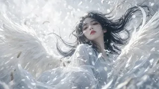 Portrait of a shy girl with long silver hair, surreal white wings, and floating feathers in a dreamy double exposure style.