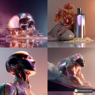 Abstract digital art featuring flowing liquid chrome metal with vibrant holographic gradients and surreal cyberpunk lighting.
