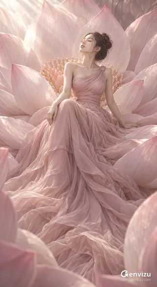 Ultra-tall vertical cinematic portrait of an East Asian woman reclining in a giant pale-blush lotus flower, wearing a dusty-rose couture gown. Soft, diffused light creates a dreamlike atmosphere.