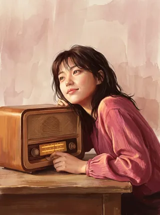 A young woman with dark wavy hair wearing a dusty rose blouse gently tunes a vintage wooden radio in a warm, cozy room.