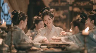 A group of five East Asian noblewomen in traditional Tang Dynasty aristocratic attire playing a board game in a dimly lit, candlelit boudoir with ornate furnishings.