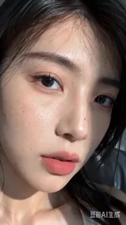 Close-up selfie video of a young Asian woman's face, bathed in natural sunlight, highlighting her eyes, nose, and lips with realistic skin texture and subtle motion.
