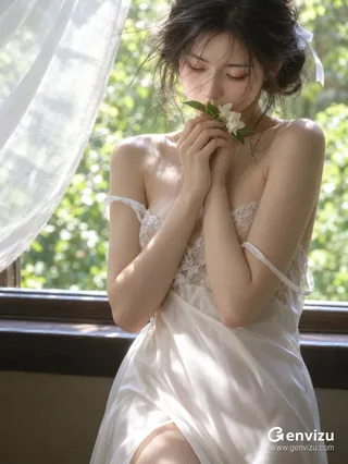 An editorial portrait of an East Asian woman in an ivory dress by a window, gently smelling a small white flower with a calm expression.