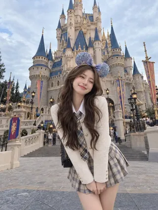 A young East Asian woman with wavy brown hair, wearing a mouse-ear headband and a plaid skort, smiles excitedly with arms outstretched in front of a detailed European-style fantasy castle.
