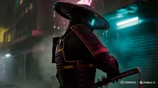 Futuristic cyberpunk samurai in heavy neon rain, drawing a glowing katana, cinematic slow-motion, volumetric fog, lens flare, photorealistic 8k.