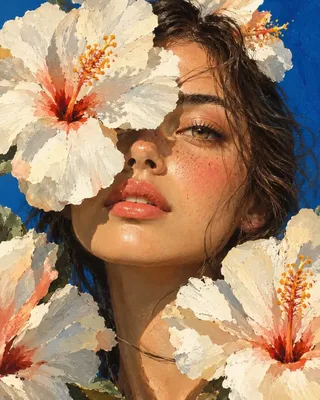 A modern painterly portrait of a young woman with dark hair and warm peach skin, partially hidden behind large white hibiscus flowers against a cobalt blue background.