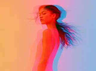 Double exposure portrait of Zendaya in a white bodycon dress with bright ultraviolet neon lighting.