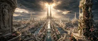 Slow aerial dolly forward along a perfectly centered boulevard towards twin spires in a symmetrical bio-organic Gothic city, with ornate pillars, canals, and drifting petals, under dramatic storm clouds and volumetric sun rays.