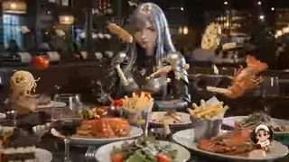 A restaurant scene frozen in time, with a dramatic splash of food and liquids exploding outwards from the table, while a person remains still and looks towards the camera.