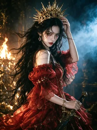 A powerful queen in a red dress holding a sword with a crown, framed by a fiery background.