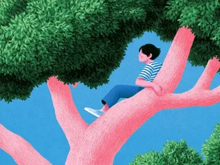 A person reading a book in a hammock hanging between trees, illustrated in a textured digital children book style with vibrant pink and green tones.