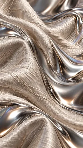 Abstract visualization of AI art, depicting a seamless blend of smooth silk fabric and shimmering liquid metal.