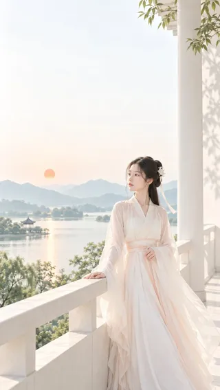 A minimalist poster featuring an ancient Chinese woman in a light-colored outfit standing by a simple corridor, looking towards a distant green landscape with soft peach light orbs.