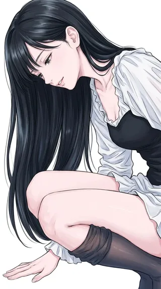 A modern digital anime illustration of a crouching woman with long dark hair, soft skin tones, and black and white clothing against a plain white background.