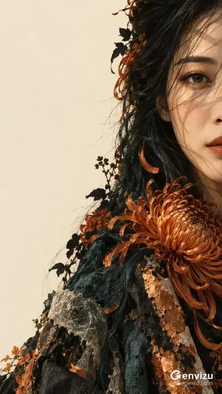 Extreme asymmetric close-up of an East Asian woman with dark hair, petrol-teal strands, and burnt-orange chrysanthemum petals against a warm ivory background.