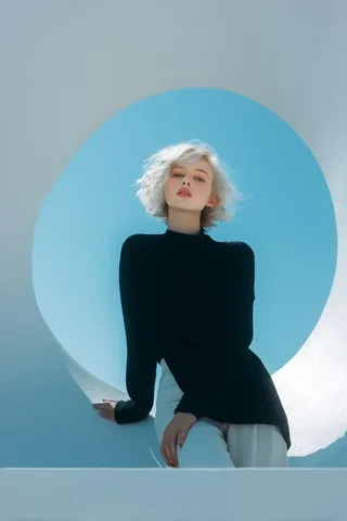 A high-end fashion editorial portrait of a platinum-blonde woman in a minimalist architectural studio with a giant cobalt-blue circular structure.