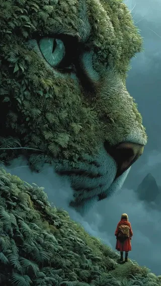A small young girl in a flowing cream dress looks up with wonder at a massive, ancient guardian cat covered in moss and forest vegetation, standing in a magical, sunlit wilderness.
