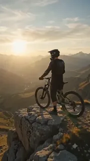A professional mountain biker in golden sunrise light, launching off a cliff and riding down a steep, rocky trail with a valley below.