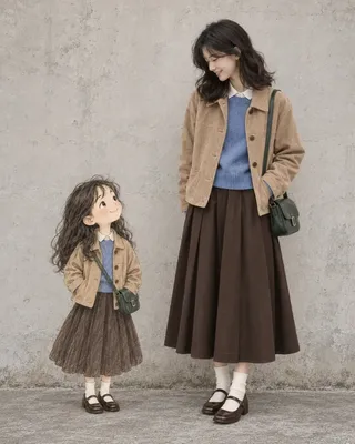 A woman with naturally wavy brown hair and a gentle smile stands next to a hand-drawn illustrated girl. Both wear matching outfits in muted autumn colors. The background is a simple, textured concrete wall and floor.