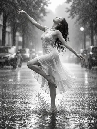 A black and white photograph of an East Asian woman dancing gracefully in heavy rain on a quiet urban street.