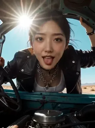 Cinematic shot of a punk mechanic in a desert, leaning against a vintage muscle car, with harsh sunlight and heat haze.