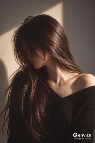 A quiet vertical portrait of an adult Korean woman with her face veiled by long dark-brown hair, illuminated by warm sunlight against a gray wall.