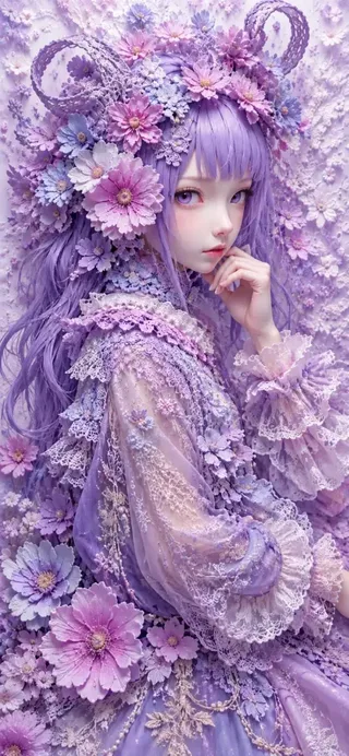 An ethereal fantasy portrait of a young woman with lavender hair, floral crown, and lace gown, surrounded by soft pastel flowers.