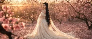 A woman with long dark hair and a light yellow dress stands in a peach blossom forest at sunset, looking back over her shoulder.