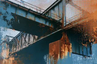 Industrial decay halftone illustration with deteriorating dot patterns and dissolving textured edges.