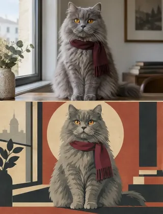 A vertical split image. The top half shows a detailed illustration of a subject. The bottom half is a minimalist, geometric reimagining of the same subject in a modernist poster style.