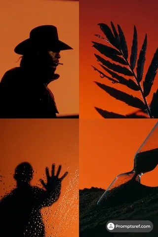 Cinematic sunset noir scene with dramatic black silhouettes and amber light for posters and album art.