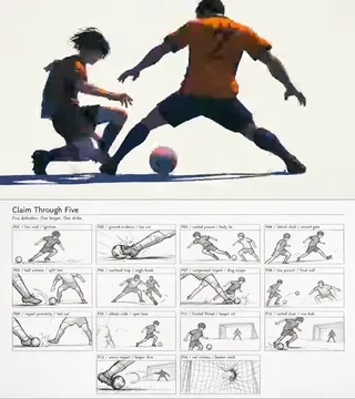 Storyboard panels depicting scenes from a World Cup event, created using AI art tools.