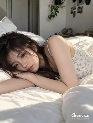 A photorealistic vertical portrait of an adult East Asian woman quietly reclining on a sunlit rumpled white bed in a modest bedroom.