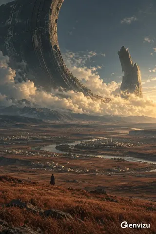 A solitary person viewed from behind stands on ochre hills, looking towards a massive, broken stone ring structure that dominates the sky, with a small settlement and winding river in the mid-ground, bathed in warm, directional light.
