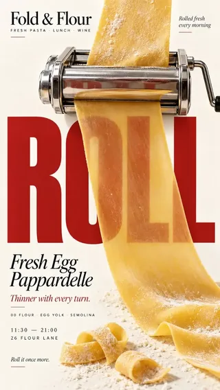 A vertical food editorial poster with a bold headline, realistic food interacting with typography through a physical process like absorption or thermal refraction, on a cream background.