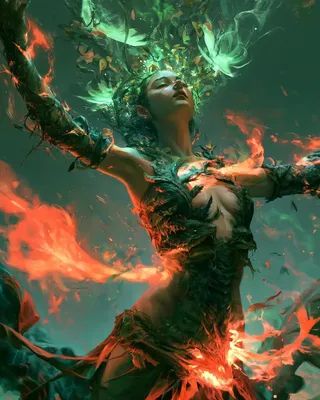 A character undergoing a wild magic transformation with glowing vines, dragon scales, elemental flames, and spectral animal forms.