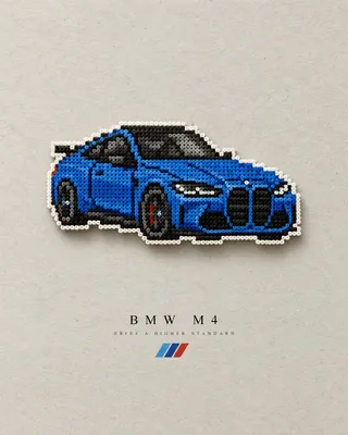 A small, centered Perler bead artwork of a recognizable subject, framed by generous white space on a soft, textured background. The composition is divided 50/50 horizontally.