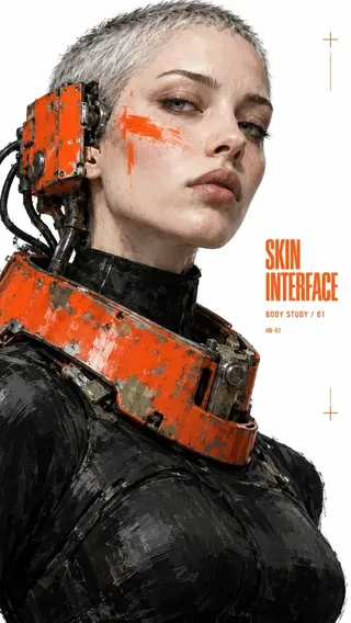 Experimental fashion editorial poster featuring a model fused with worn machinery on a pure white background with painted realism style.
