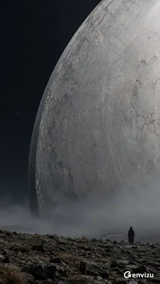 A massive, light gray stone disc, tilted and mostly out of frame, dominates the right side of a minimalist surrealist night scene. A lone figure stands in the lower right foreground.