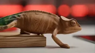 A hyperrealistic chameleon transitions from architectural materials to a photorealistic luxury villa at dusk, shown as it walks across a monitor displaying a blueprint that morphs into the villa.