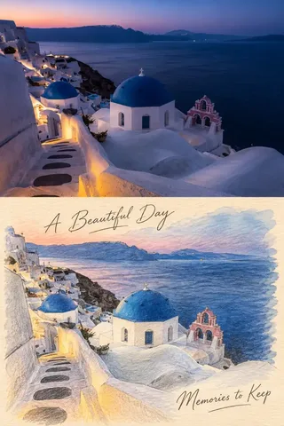 A vertical travel poster with a 50/50 split. The top half is a realistic photo, and the bottom half is a hand-drawn sketch of the same scene, with handwritten text.