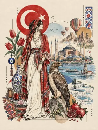 A sophisticated hand-drawn editorial illustration featuring a stylish human figure and iconic native animal, surrounded by national elements on textured ivory paper with muted colors and abstract shapes.