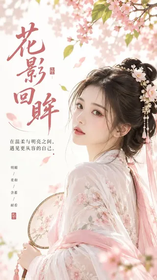 A serene ancient Chinese woman in a soft pink and white robe looking back gently against a minimalist pearl white background with begonia flower shadows.