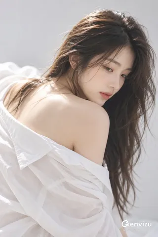 Close three-quarter rear portrait of a young Korean woman with long dark hair looking over her shoulder in soft daylight.