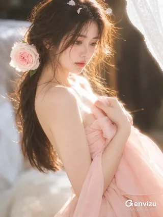 Vertical portrait of a young East Asian woman holding peach drapery, with a pale pink rose in her gathered dark hair and warm backlight.