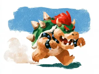 Bowser character running in a textured pastel and chalk illustration style with vibrant colors.