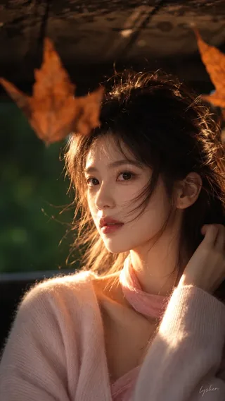 A vertical portrait of a woman in a pink cardigan with dark hair, soft facial features, and autumn leaves in the foreground.
